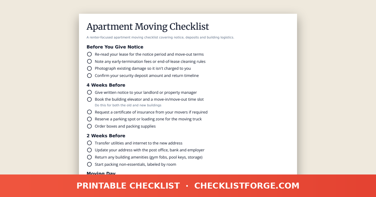 Apartment Moving Checklist
