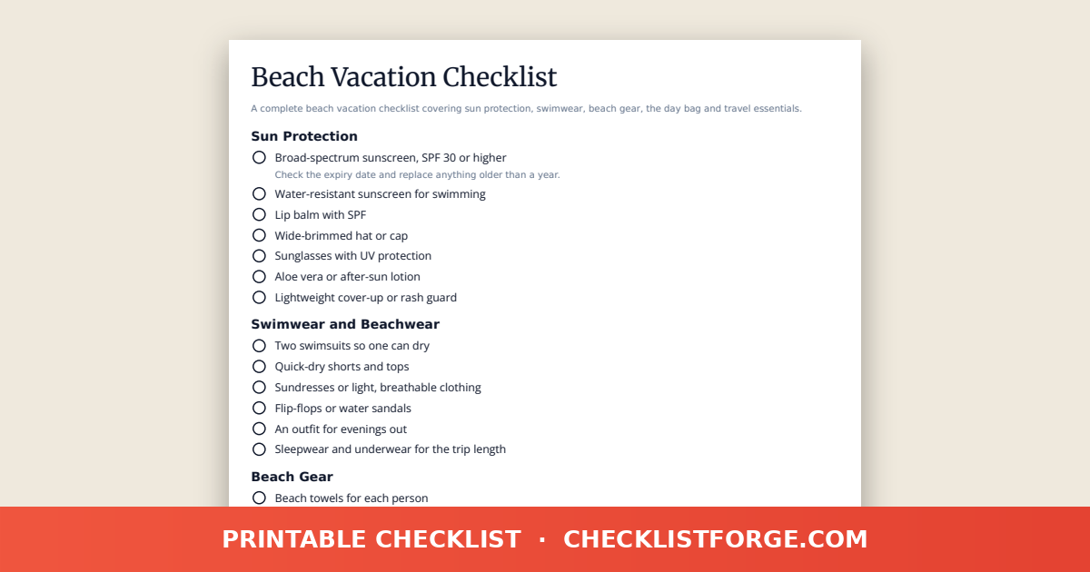 Beach Vacation Checklist