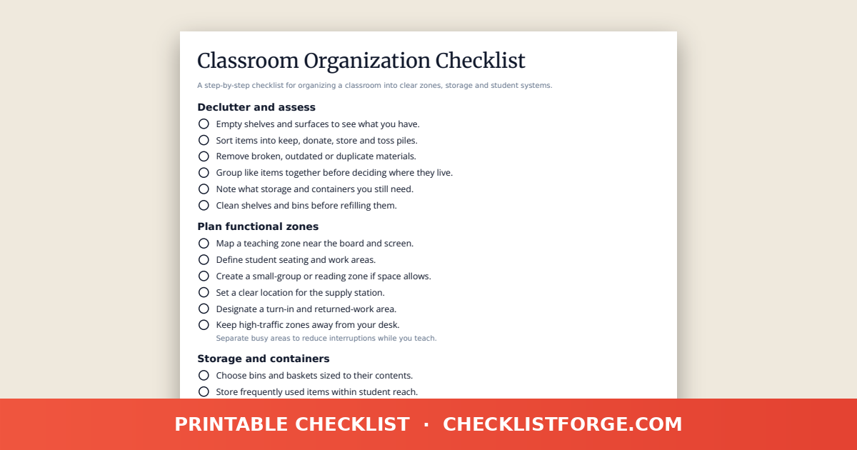Classroom Organization Checklist