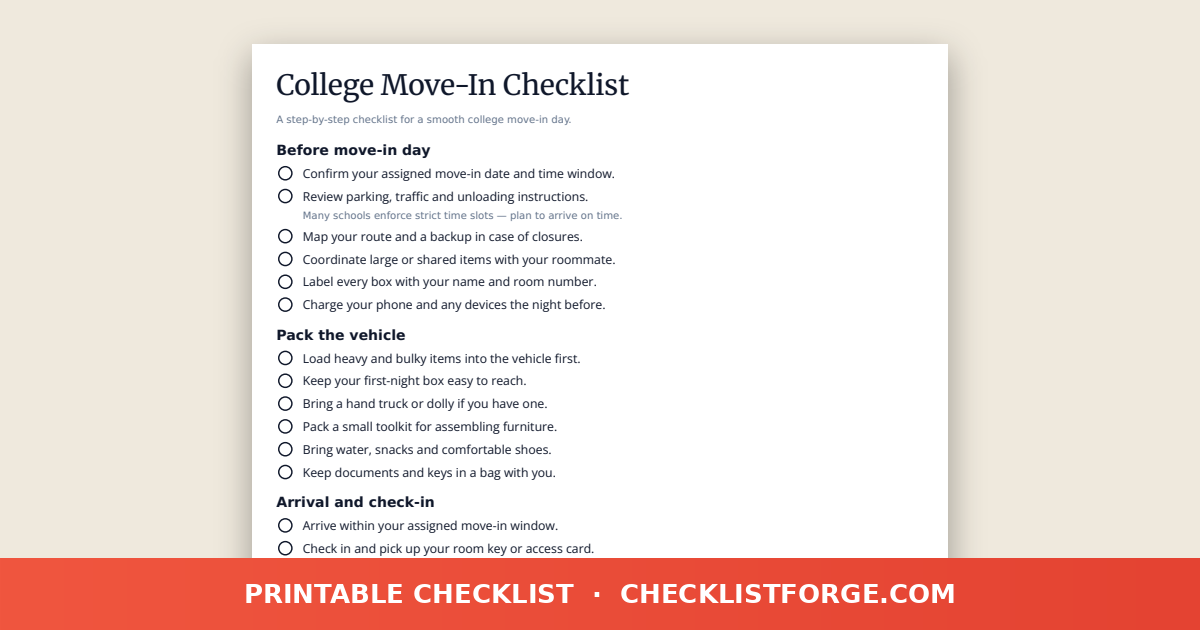 College Move-In Checklist