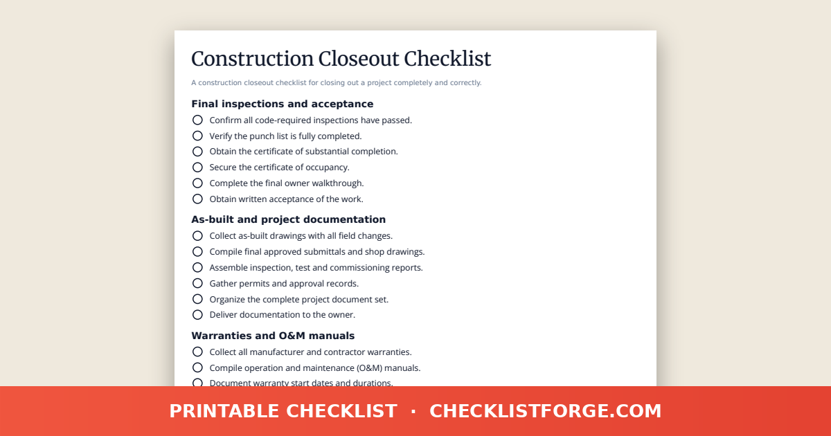 Construction Closeout Checklist