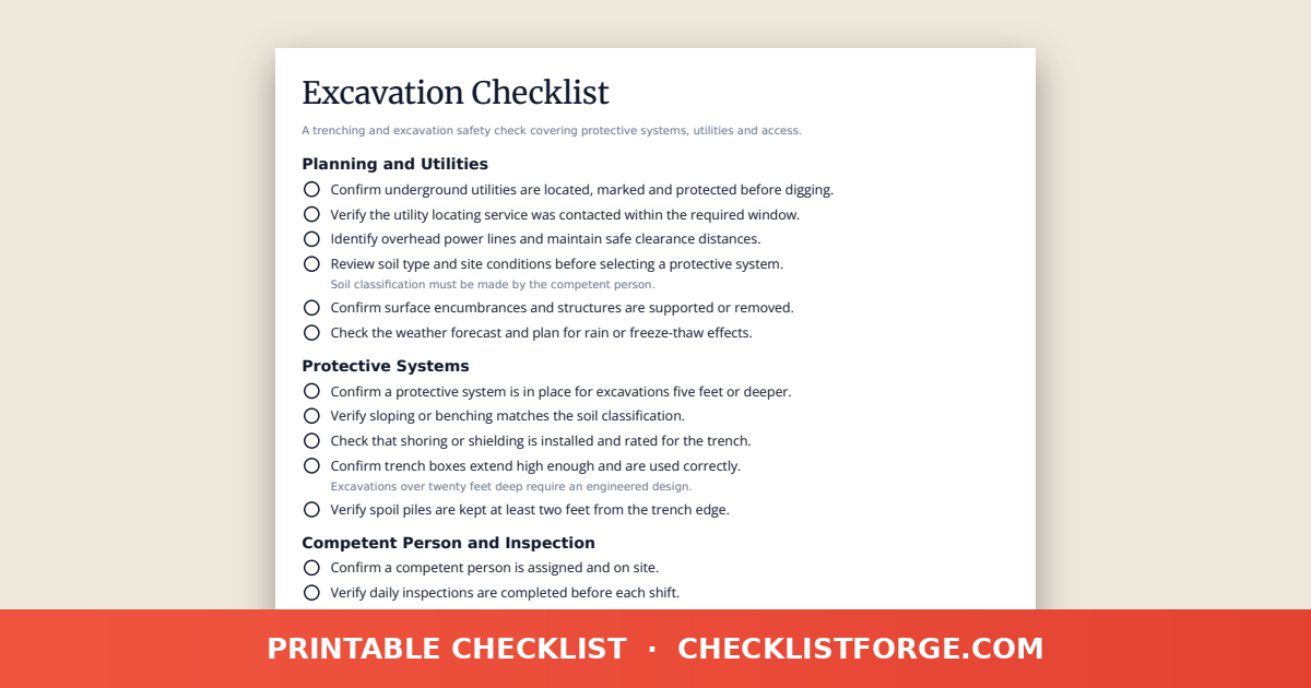 Excavation Checklist