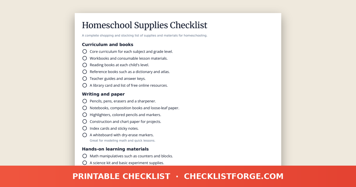 Homeschool Supplies Checklist