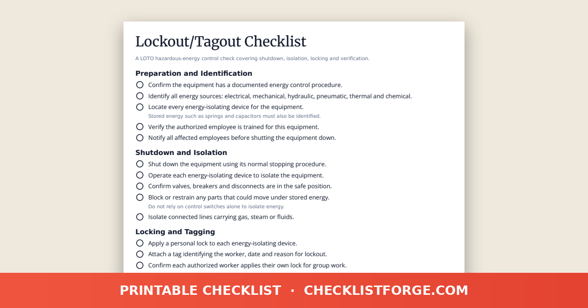 Lockout/Tagout Checklist