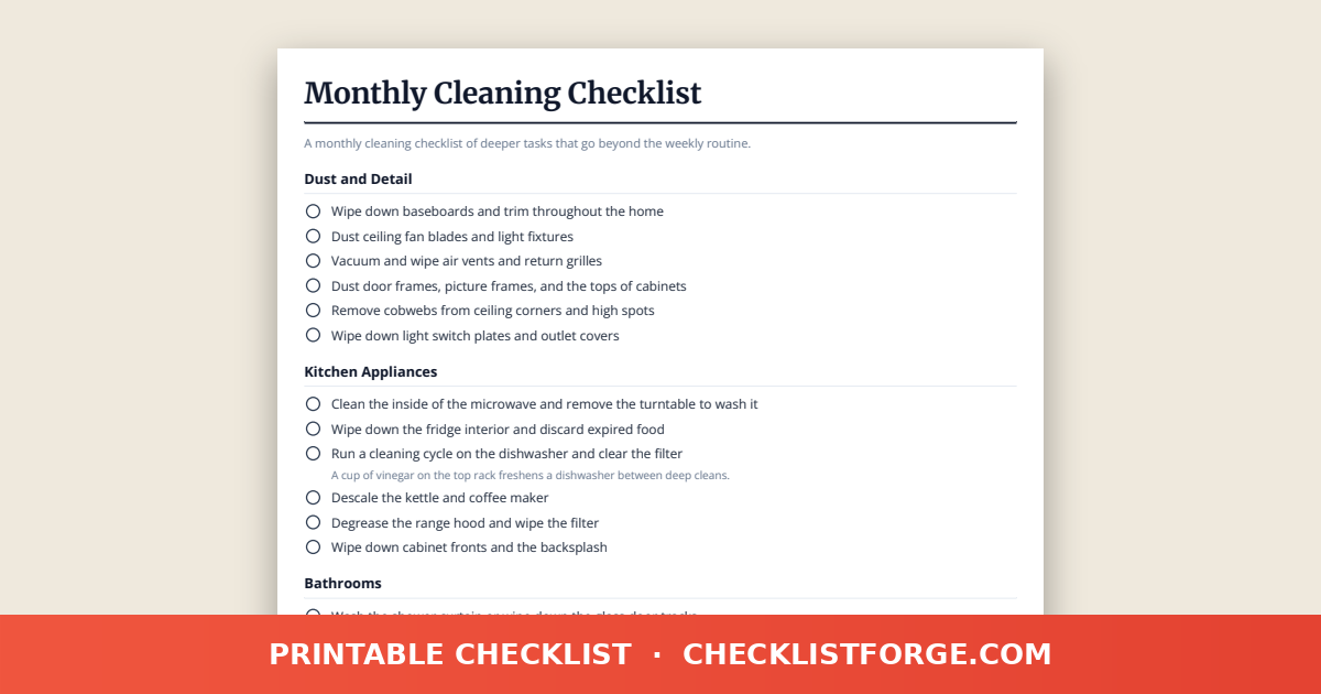 Monthly Cleaning Checklist