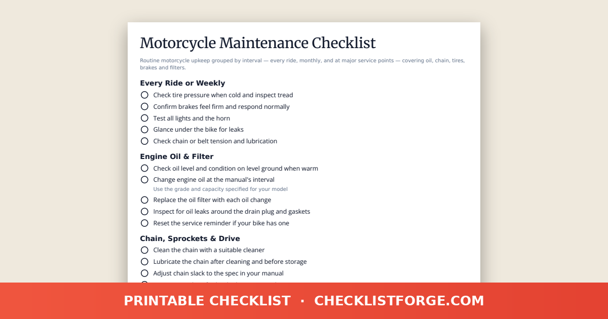 Motorcycle Maintenance Checklist