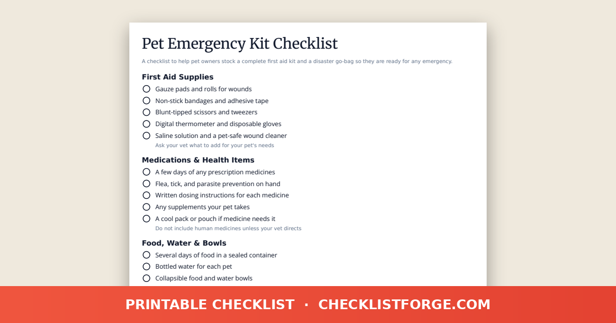 Pet Emergency Kit Checklist