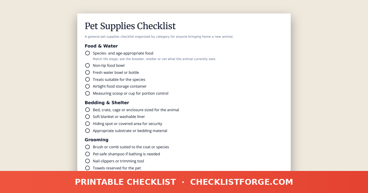 Pet Supplies Checklist