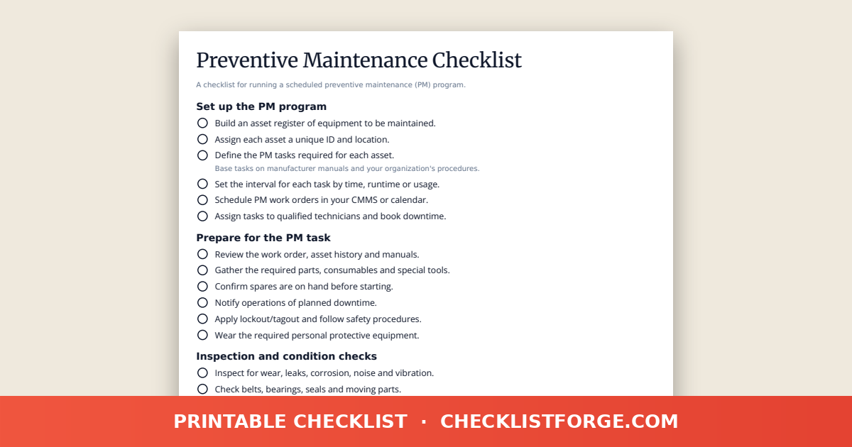 Preventive Maintenance Checklist