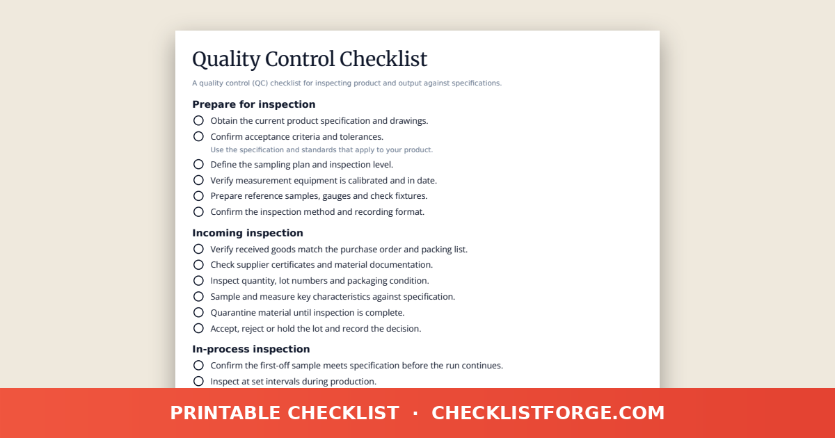 Quality Control Checklist