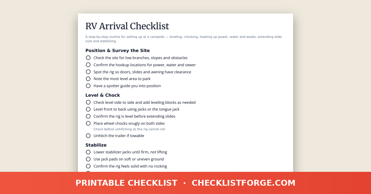 RV Arrival Checklist