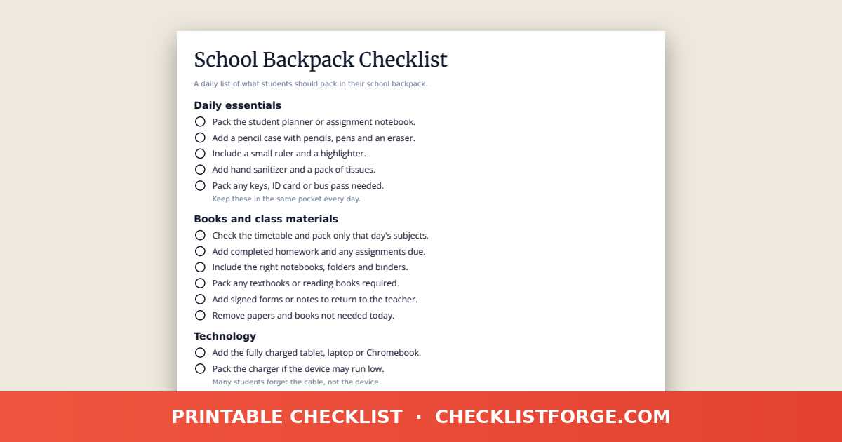 School Backpack Checklist