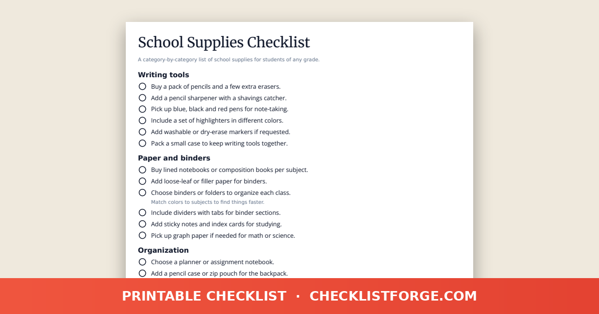 School Supplies Checklist