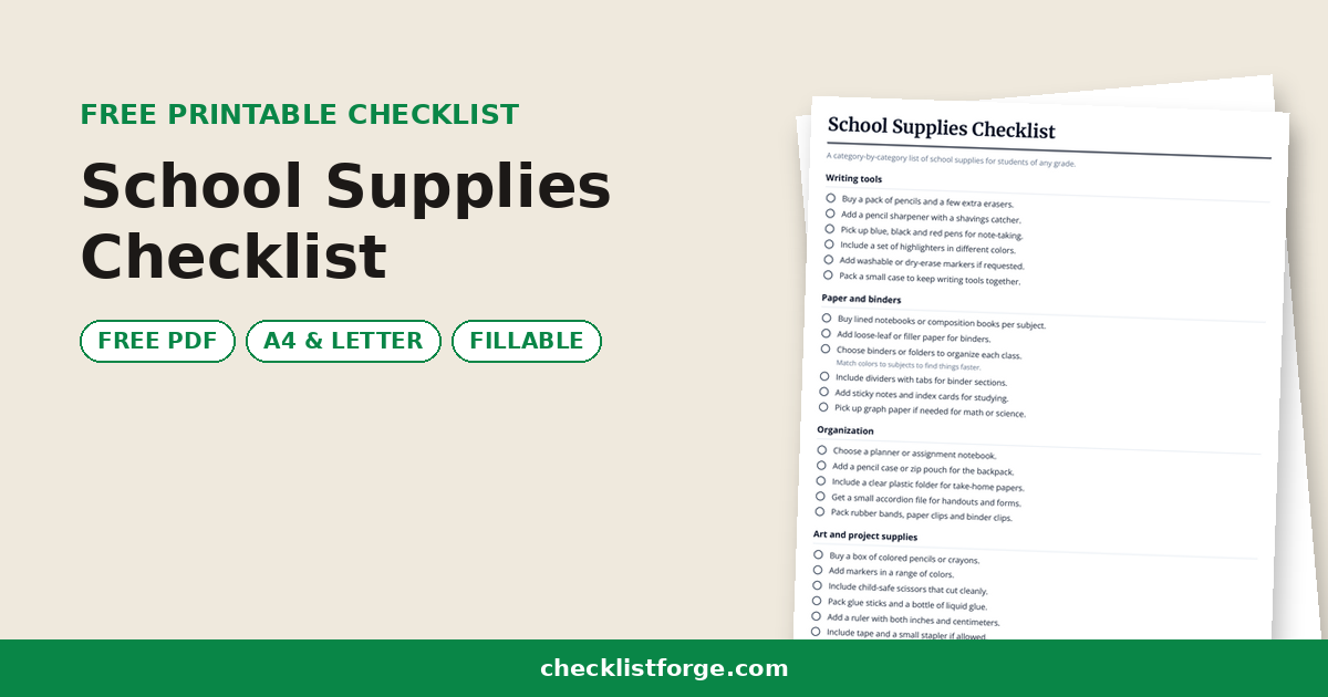 School Supplies Checklist