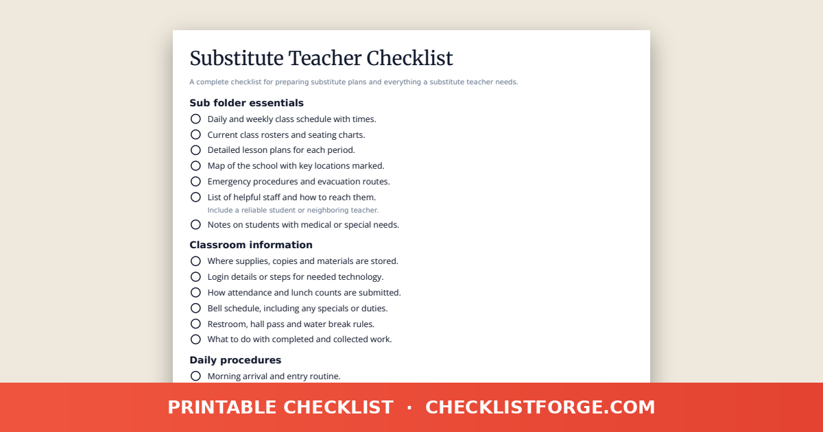 Substitute Teacher Checklist