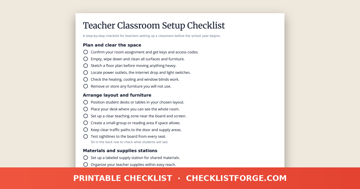 Teacher Classroom Setup Checklist