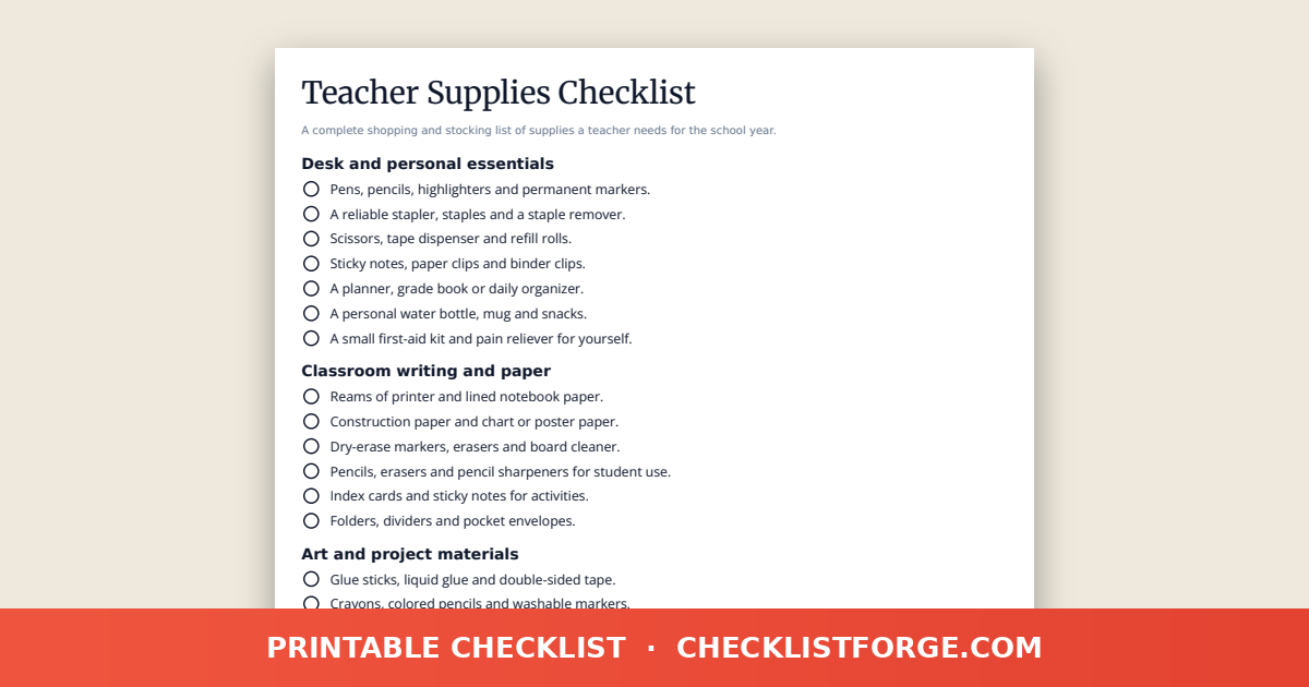 Teacher Supplies Checklist