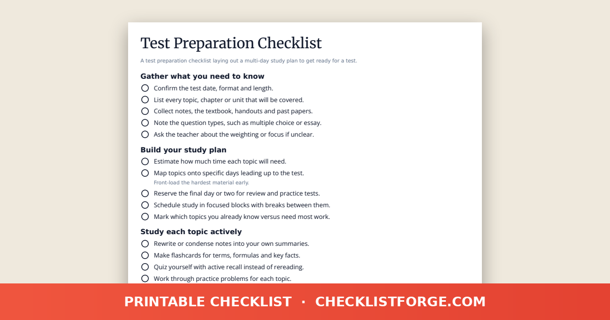 Test Preparation Checklist