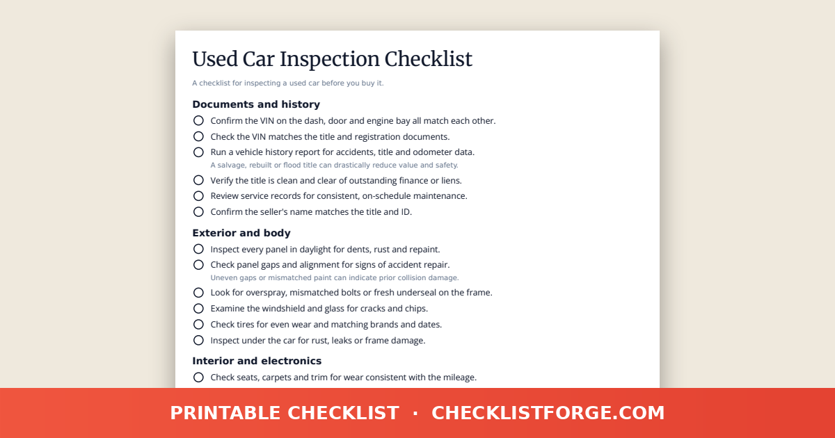 Used Car Inspection Checklist