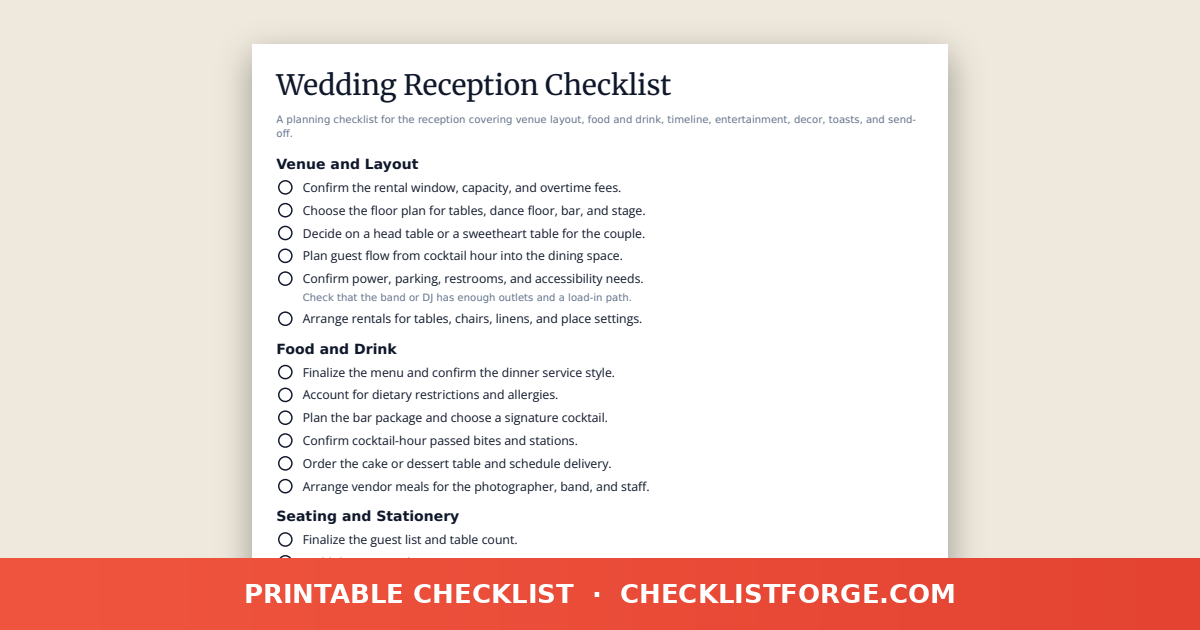 Wedding Reception Checklist