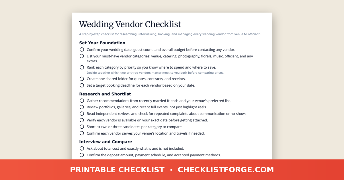 Wedding Vendor Checklist