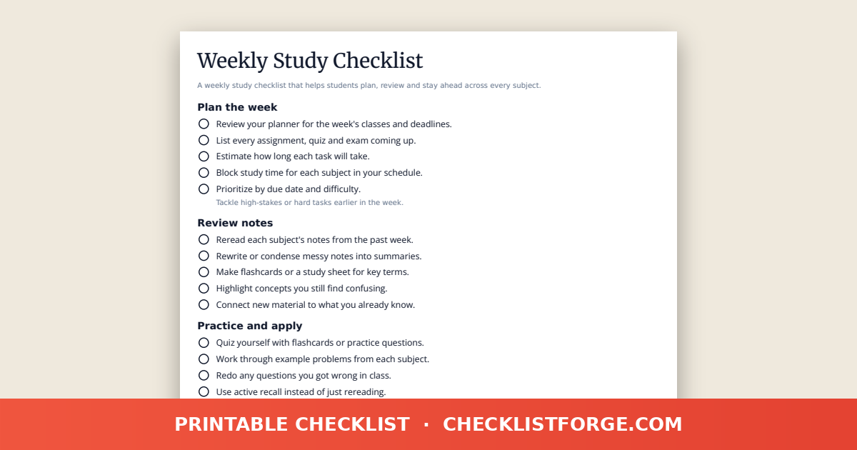 Weekly Study Checklist